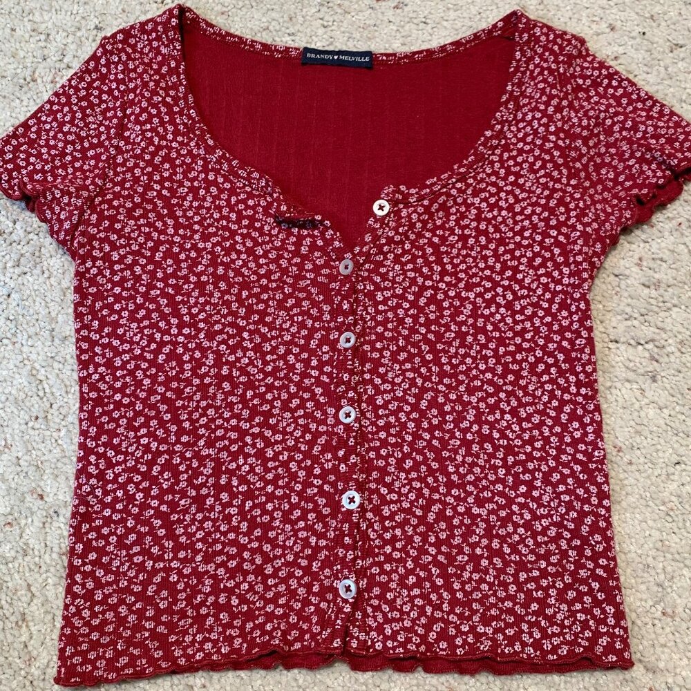 Brandy Melville Red Floral Print Ribbed Cropped Top One Size OS
